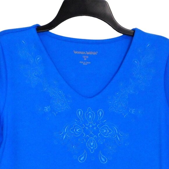 Woman Within Top Plus M 14 16 Blue Cotton Blend Short Sleeve Embroidered Tee - Picture 8 of 10